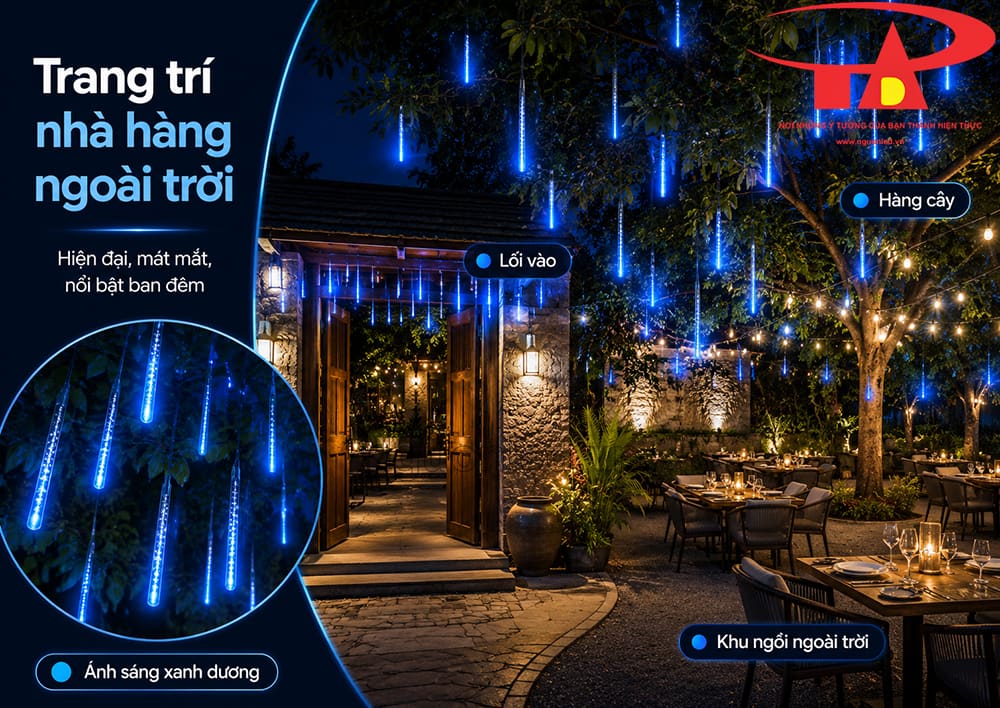 Đèn LED sao băng màu xanh dương trang trí nhà hàng sân vườn ngoài trời với nhiều ống sáng treo cao