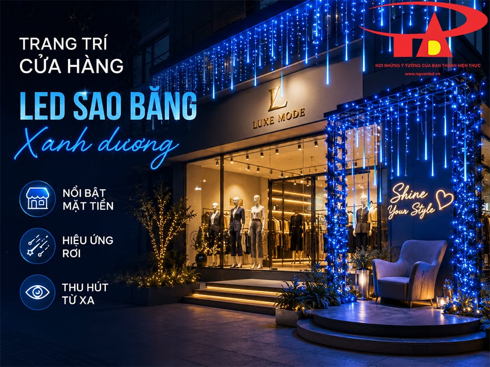 Đèn LED sao băng màu xanh dương treo trong showroom tại khu trưng bày sản phẩm hiện đại
