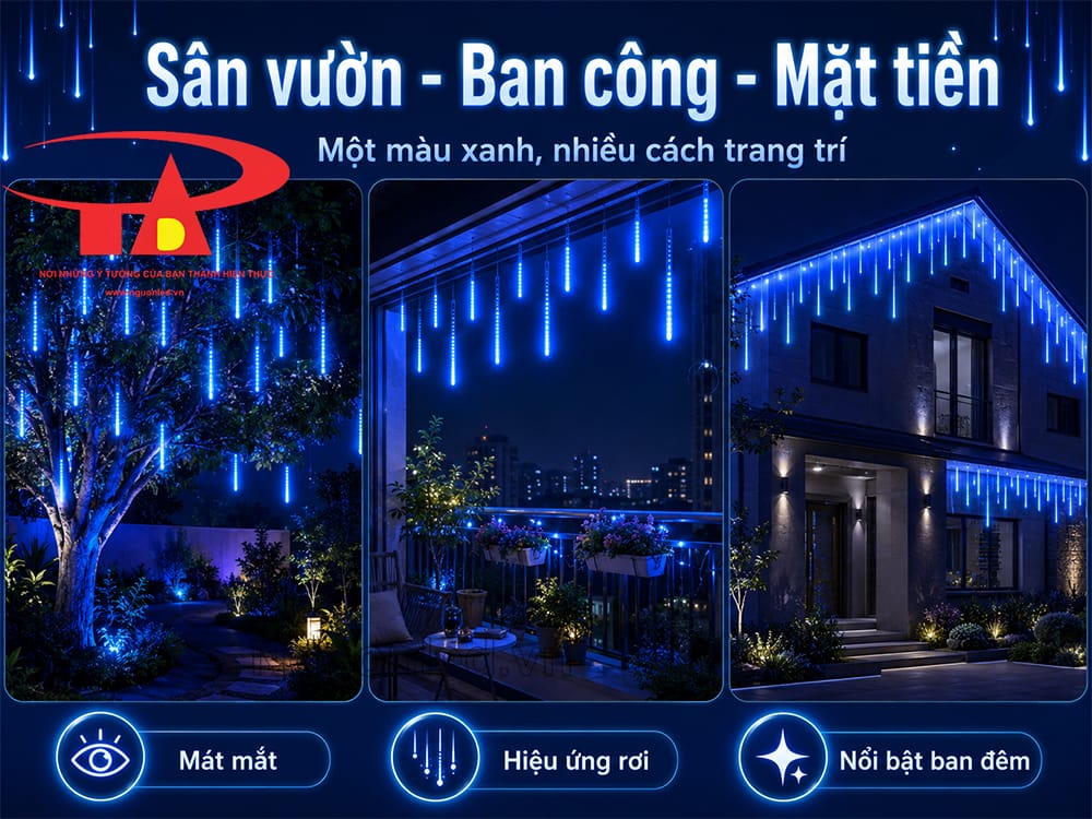 Đèn LED sao băng màu xanh dương trang trí lễ hội và sự kiện ngoài trời vào ban đêm