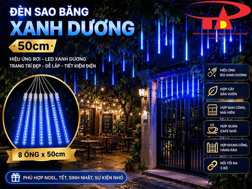 Đèn LED sao băng màu xanh dương lắp trước cửa hàng thời trang, cafe tạo điểm sáng ở mặt tiền
