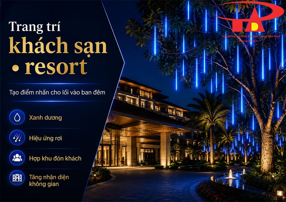 Đèn LED sao băng màu xanh dương lắp tại khách sạn, ánh sáng rơi ở khu vực lối vào ban đêm