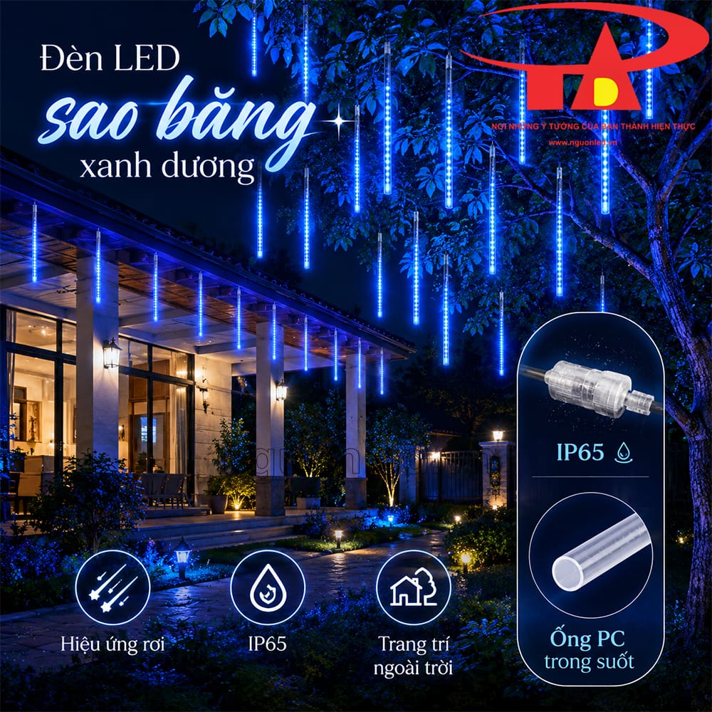 Đèn LED sao băng màu xanh dương treo ở lối đi sân vườn, nhiều ống sáng rơi dọc hai bên
