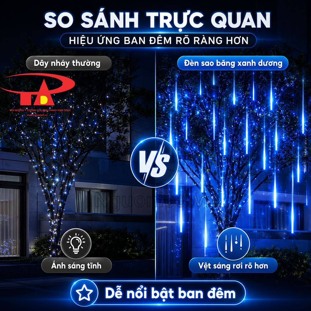 Đèn LED sao băng màu xanh dương trang trí mặt tiền nhà phố với ánh sáng ống thả ban đêm