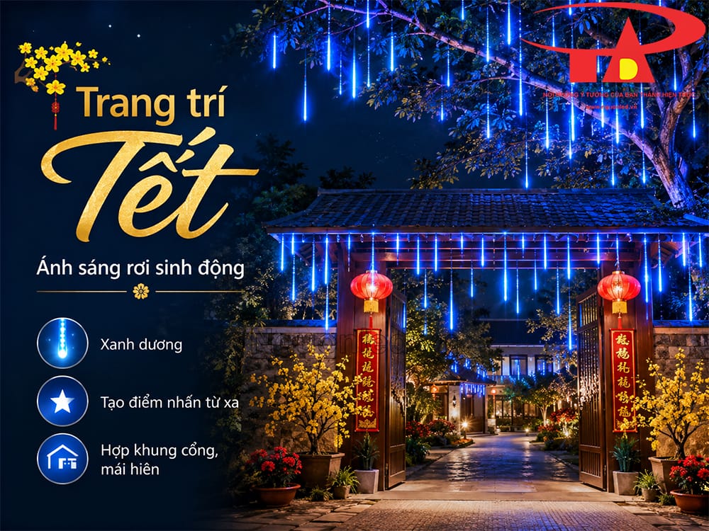 Đèn LED sao băng màu xanh dương trang trí sân nhà ngày Tết với ống thả sáng màu xanh