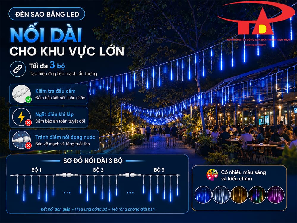 Đèn LED sao băng màu xanh dương trang trí nhà hàng ngoài trời với các ống sáng treo cao