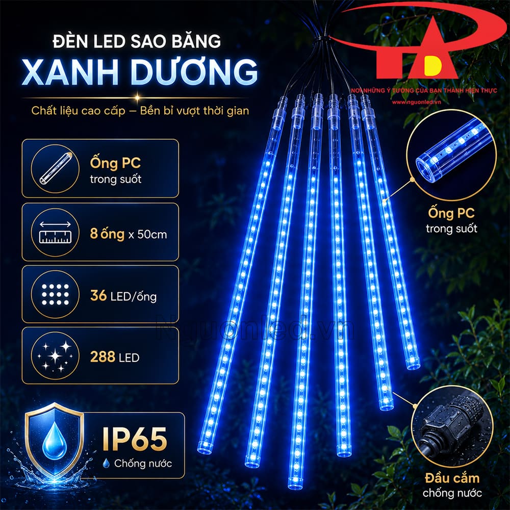 Đèn LED sao băng màu xanh dương treo trong quán cafe sân vườn, ánh sáng rơi trên hàng cây