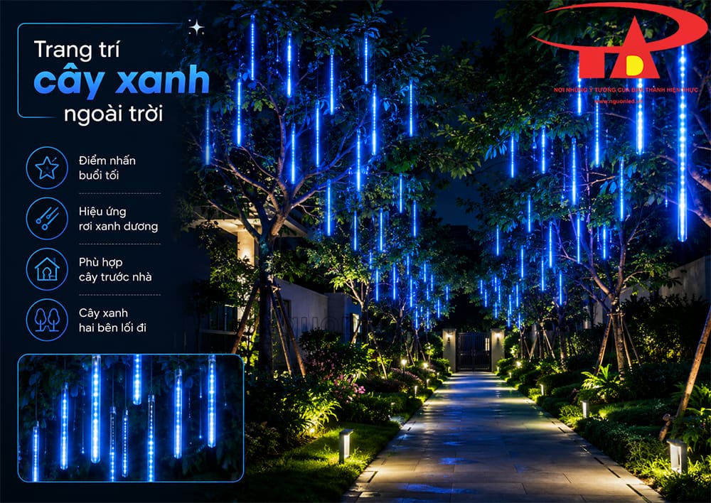 Đèn LED sao băng màu xanh dương treo tại resort, các ống sáng rơi quanh lối vào ngoài trời