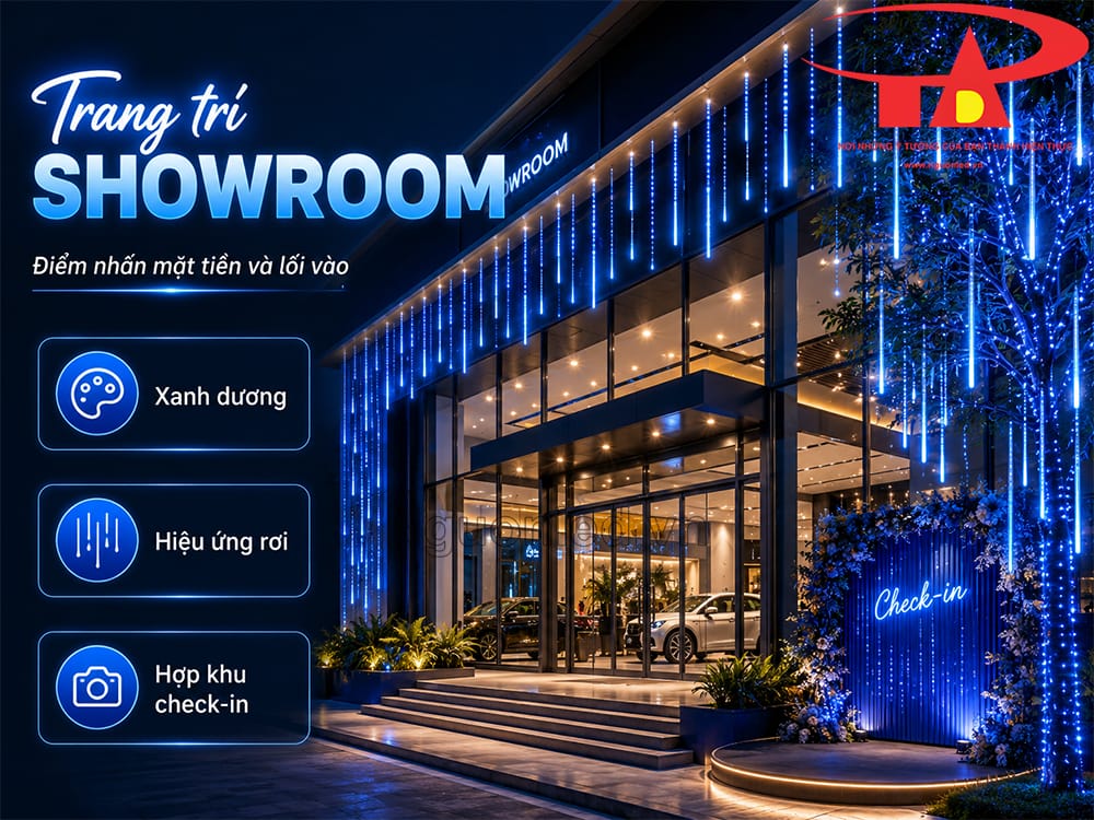 Đèn LED sao băng màu xanh dương trang trí mặt tiền showroom với các ống sáng rơi ban đêm