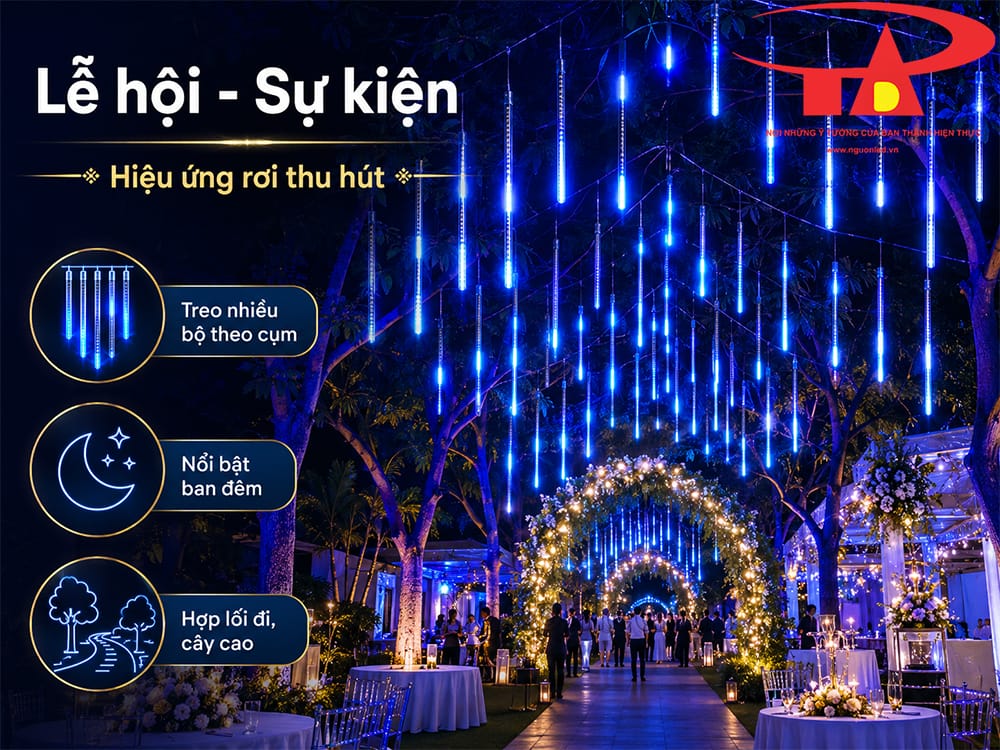 Đèn LED sao băng màu xanh dương trang trí trung tâm thương mại trong mùa lễ hội ban đêm