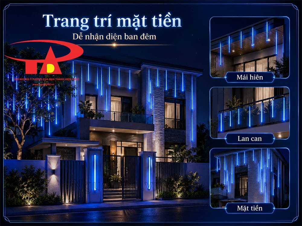 Đèn LED sao băng màu xanh dương treo ở ban công nhà với hiệu ứng ánh sáng rơi rõ