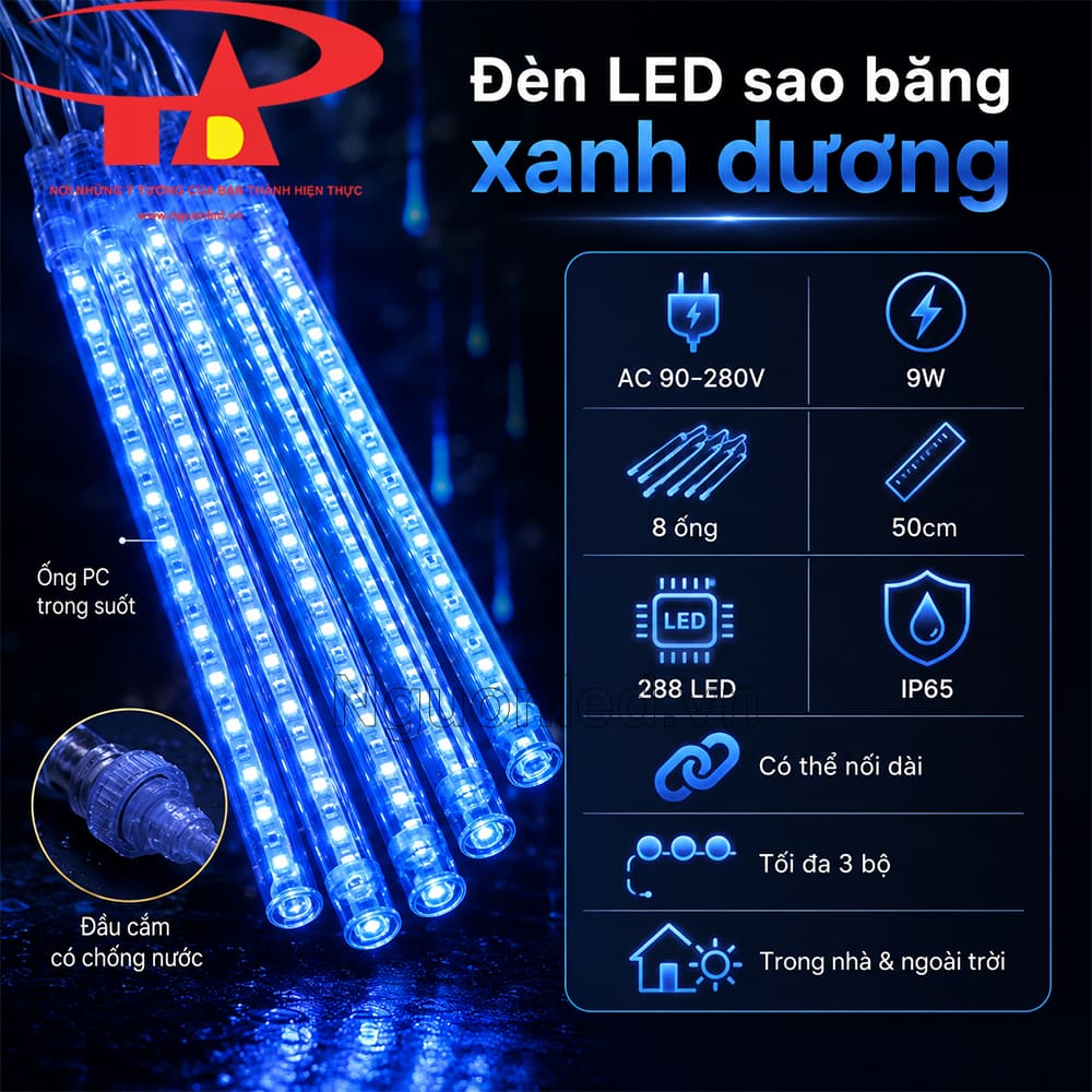 Đèn led sao băng màu xanh dương dài 50cm, có 8 ống