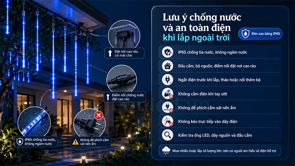 Lưu ý chống nước và an toàn điện khi lắp LED sao băng ngoài trời