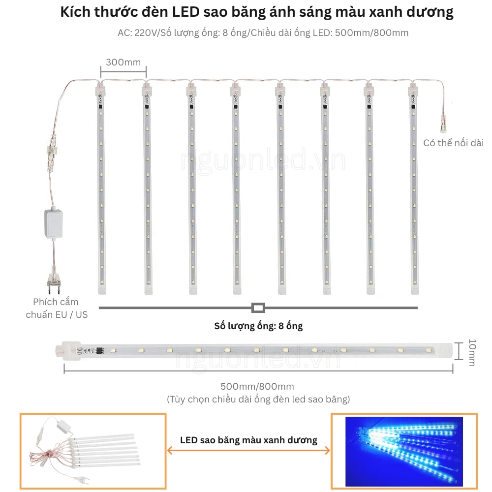 Đèn sao băng xanh dương chùm 8 ống dài 50cm
