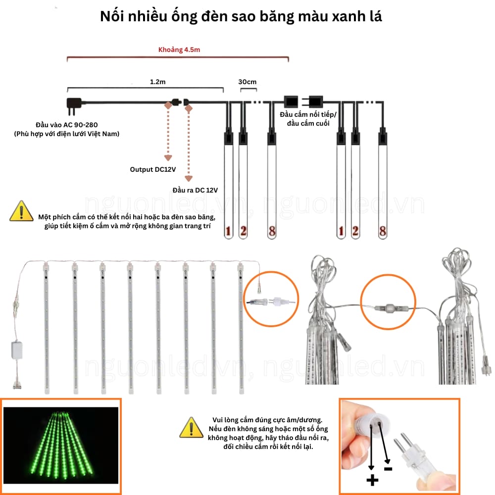 Cách nối nhiều ống led sao băng xanh lá lại với nhau