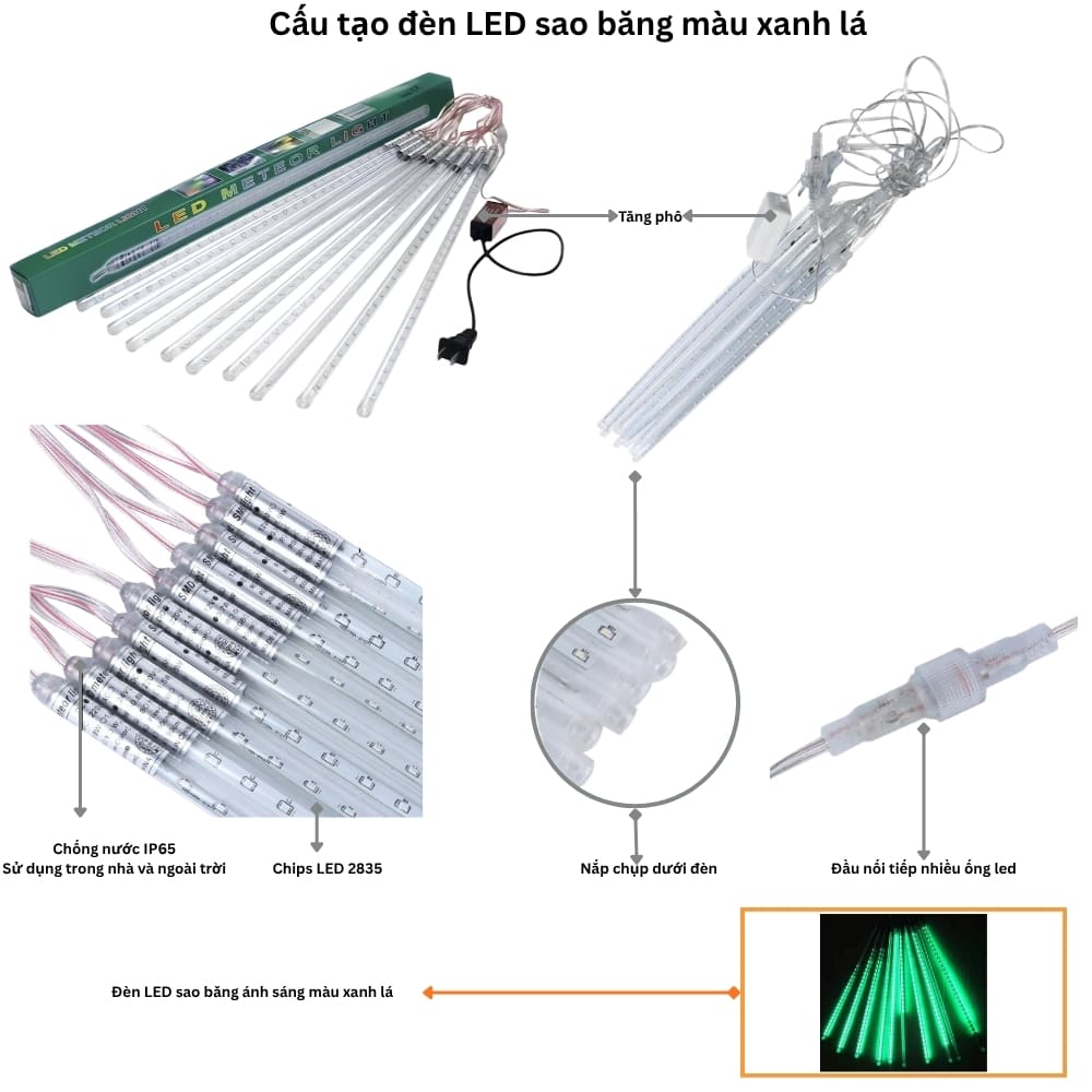 cấu tạo của đèn led sao băng màu xanh lá 50cm