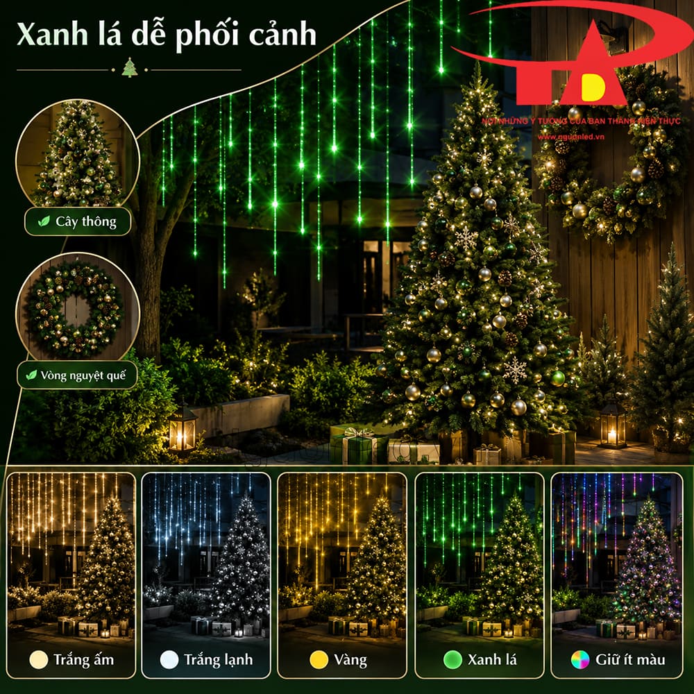 Đèn sao băng xanh lá treo trên cây cảnh sân vườn, các ống thả xuống tạo ánh sáng rơi