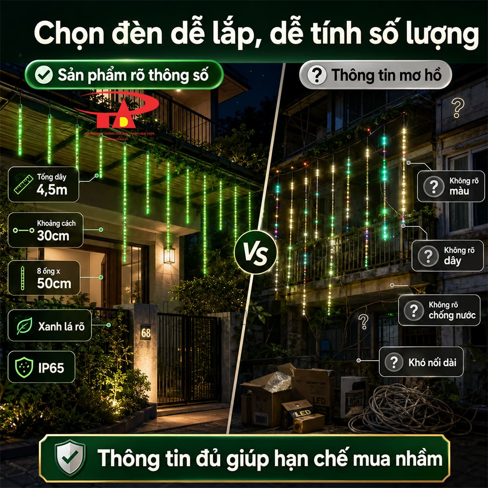 Đèn LED sao băng xanh lá dạng ống thả, các ống trong suốt treo đều trên dây trang trí