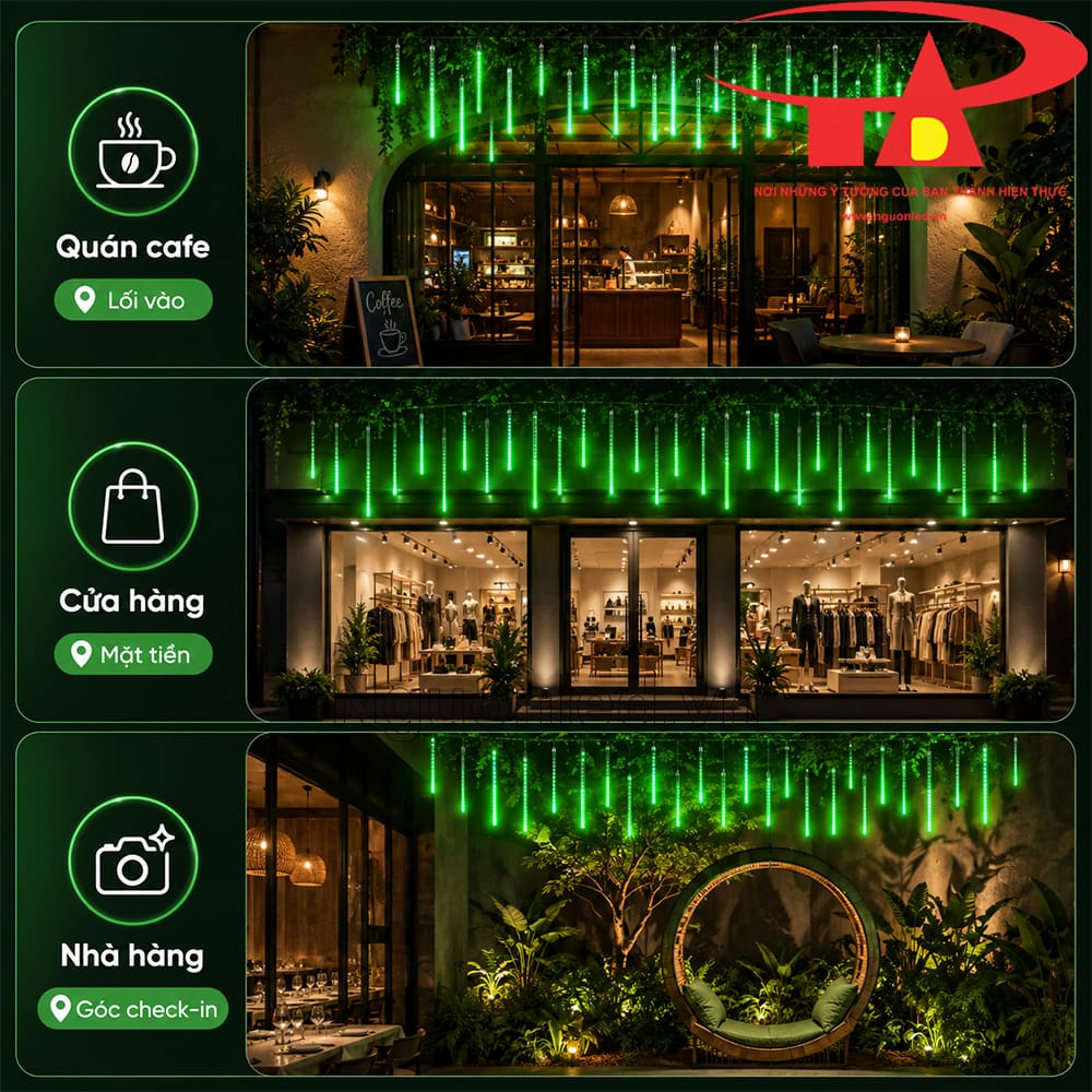 Đèn LED sao băng xanh lá treo tại khu check-in, nhà hàng, quán cà phê ánh sáng rơi tạo điểm nhấn vào buổi tối