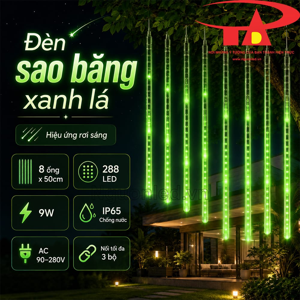 Hiệu ứng rơi sáng của đèn sao băng xanh lá chạy từ đầu ống xuống cuối ống