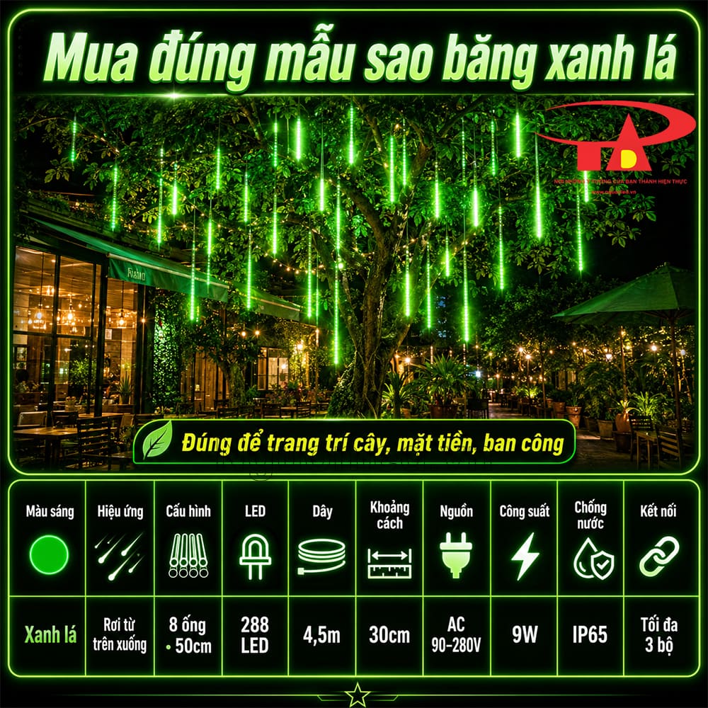 Đèn sao băng xanh lá tạo hiệu ứng giọt sáng rơi, dùng cho sân vườn, ban công và mái hiên