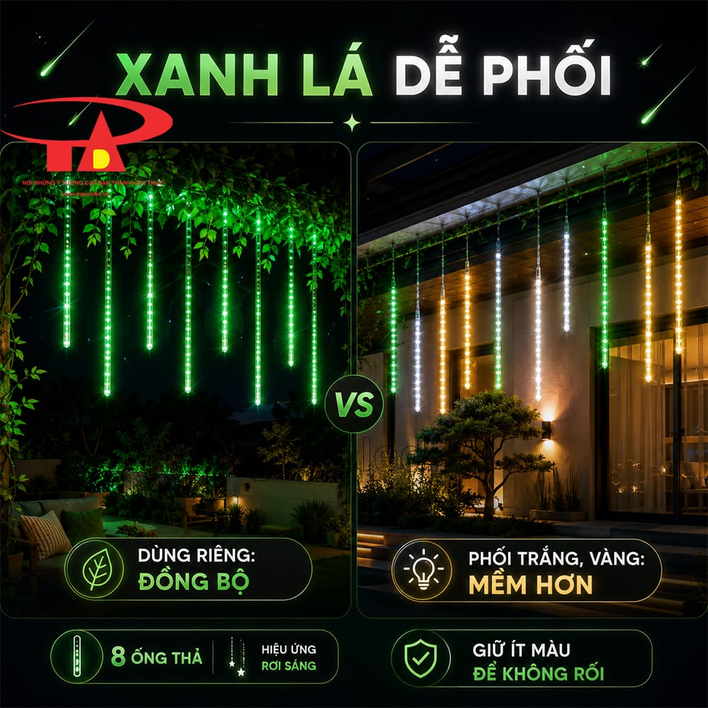Đèn sao băng xanh lá lắp ngoài trời dưới mái hiên, đầu nối đặt ở vị trí thông thoáng