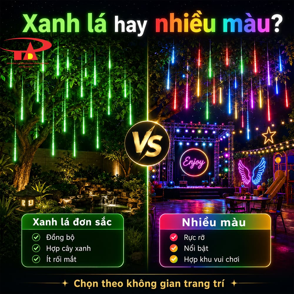 Đèn sao băng xanh lá treo tại sự kiện ngoài trời, tạo vệt sáng rơi trên cây và khu trang trí