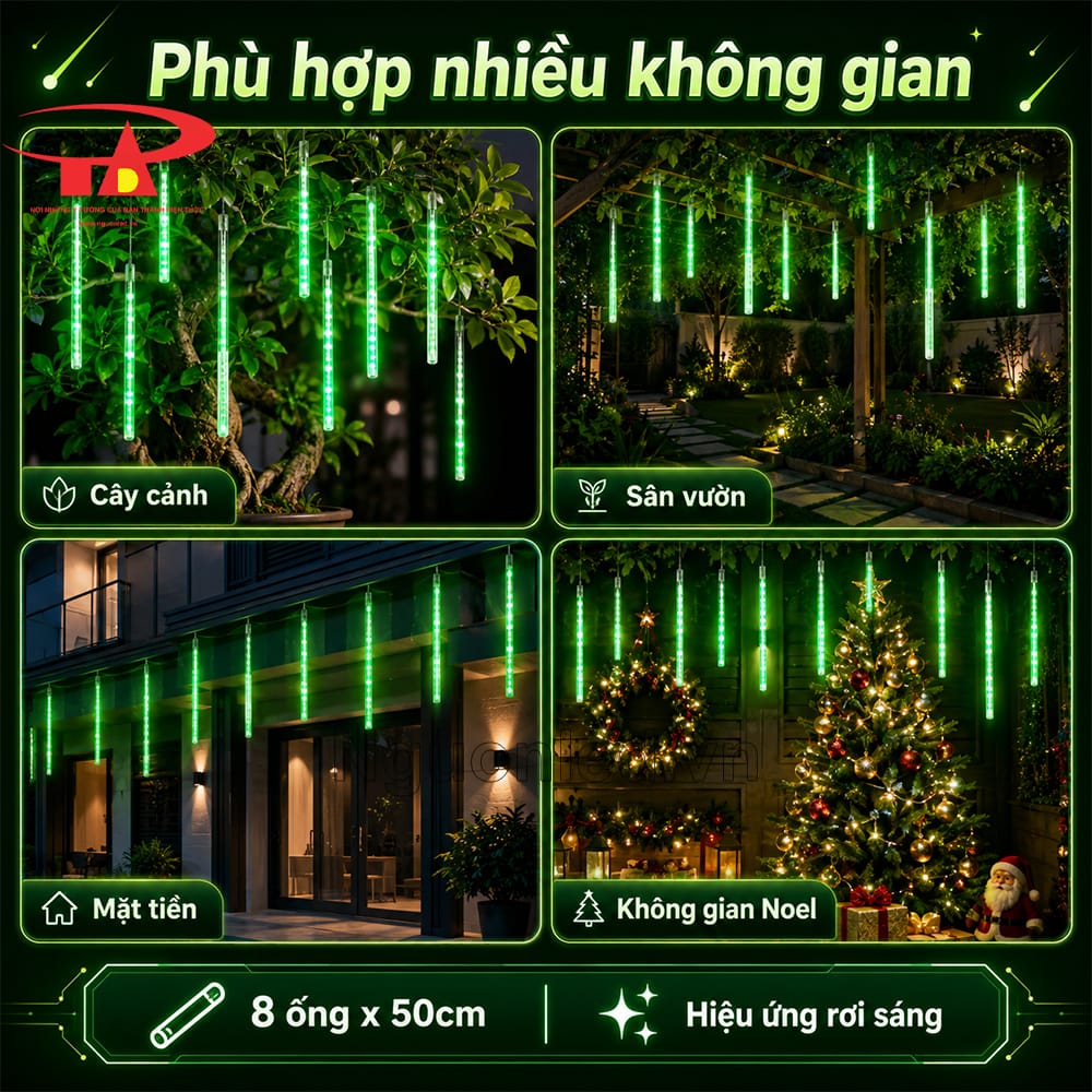 Đèn sao băng xanh lá treo cạnh tiểu cảnh sân vườn, ánh sáng xanh nổi bật trên nền cây