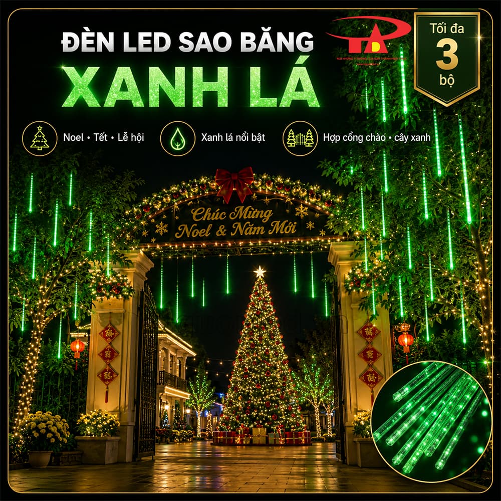 Đèn sao băng xanh lá treo cây thông Noel, các ống thả tạo hiệu ứng sáng rơi theo tầng