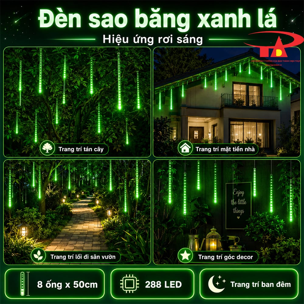 Đèn sao băng xanh lá treo tại cổng nhà, ánh sáng rơi theo ống tạo điểm nhìn vào ban đêm