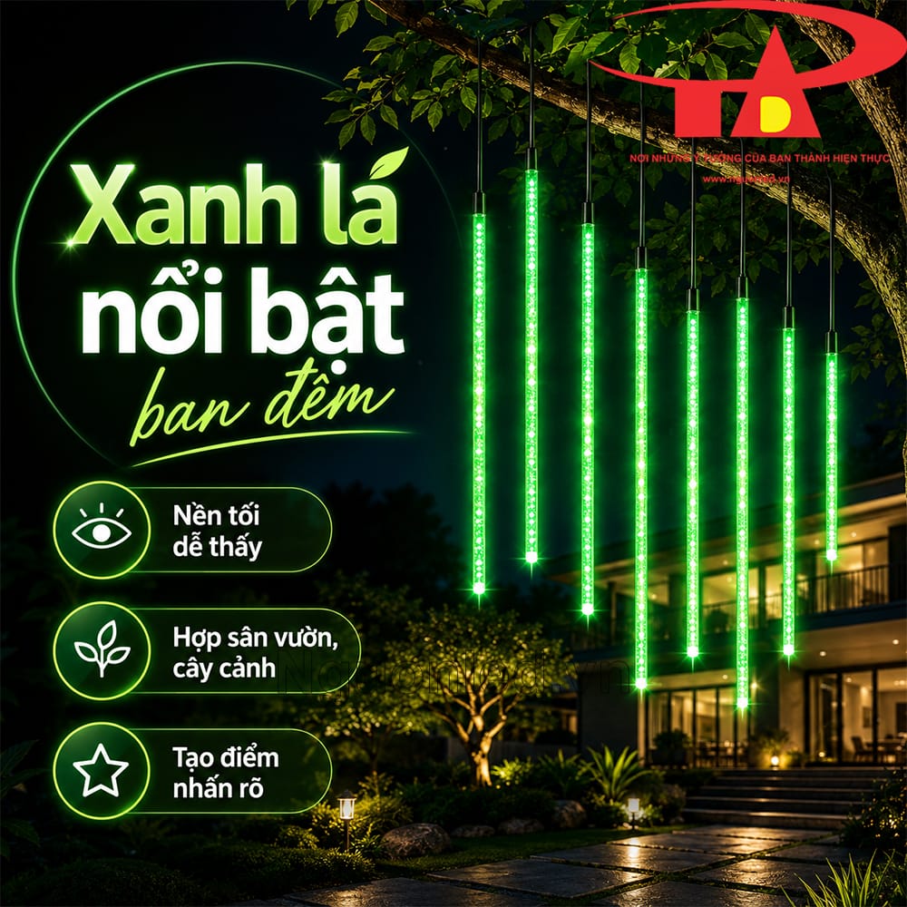 Đèn sao băng xanh lá treo mặt tiền cửa hàng, tạo hiệu ứng ánh sáng rơi thu hút vào buổi tối