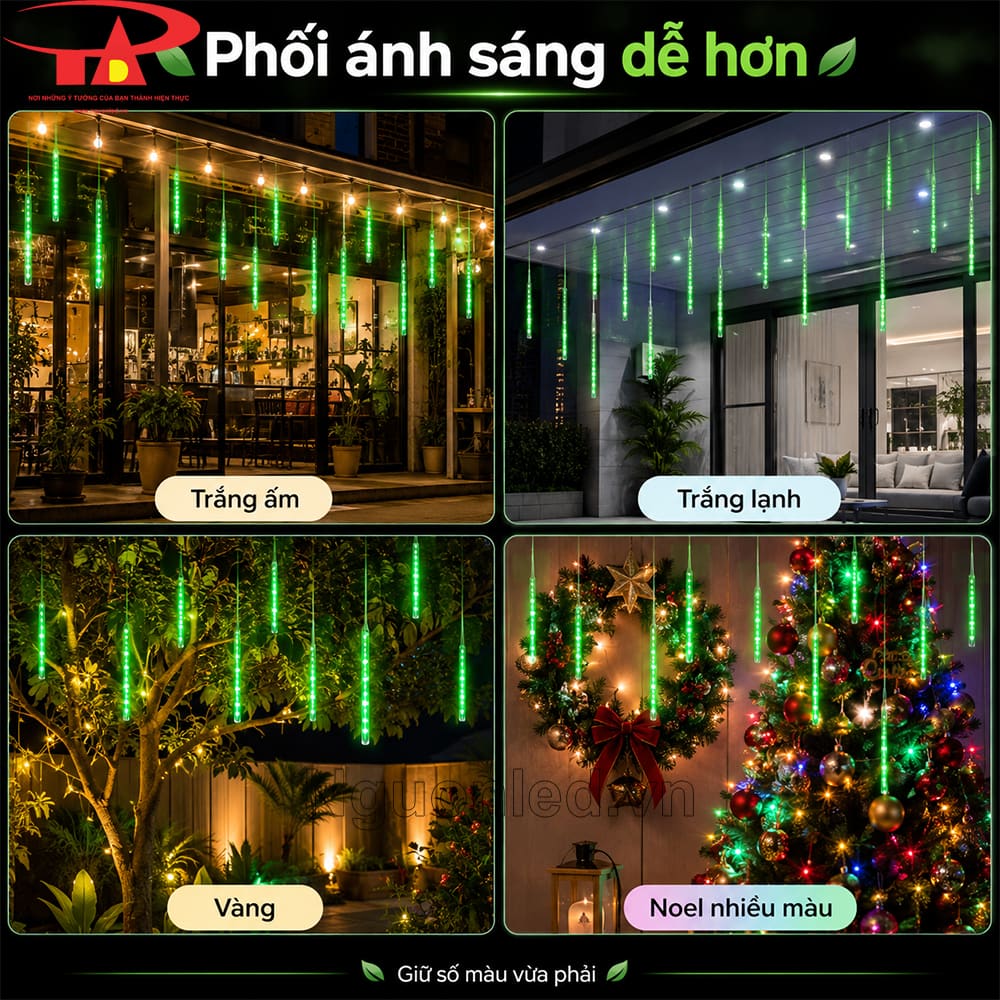 Đèn sao băng xanh lá trang trí Noel trên cây thông, ánh sáng xanh nổi bật trên nền tối