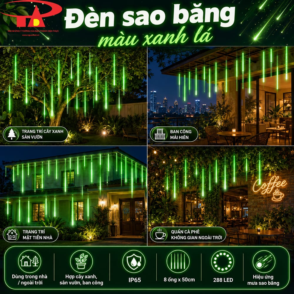 Đèn sao băng xanh lá treo dưới mái hiên, ánh sáng chạy dọc ống tạo hiệu ứng rơi nhẹ