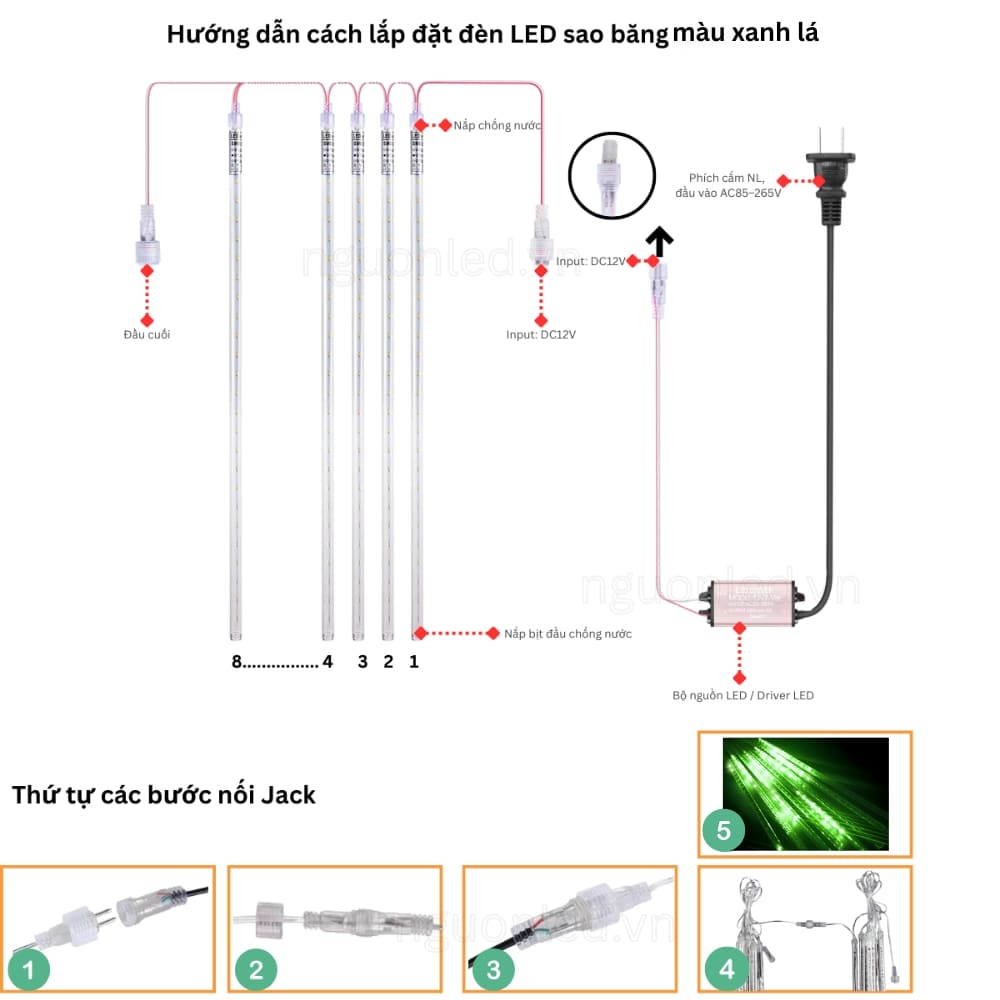 hướng dẫn cách lắp đặt led sao băng màu xanh lá