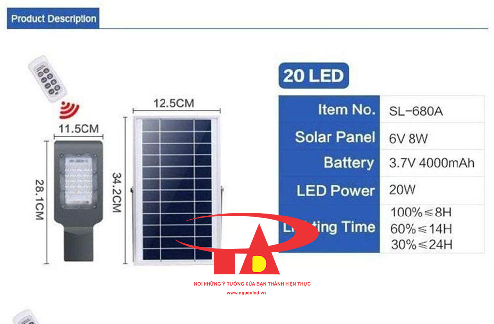 đèn led năng lượng mặt trời 20w chiếu sáng đường phố