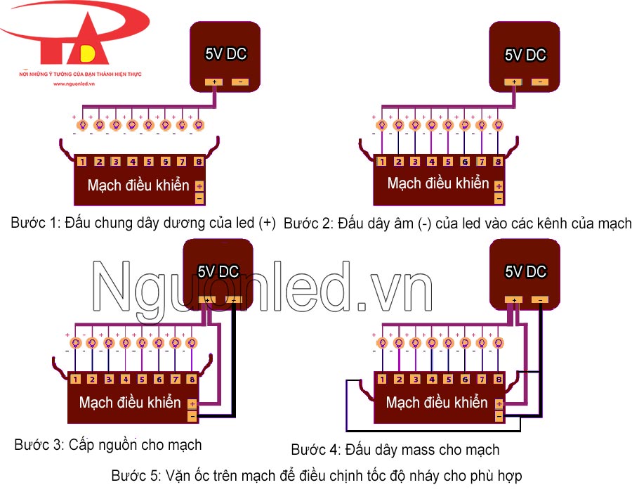 Hướng dẫn đấu mạch điều khiển led liền dây 5v